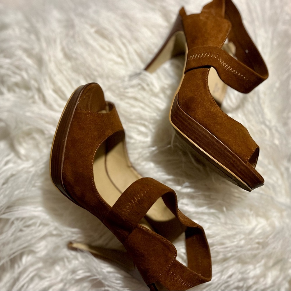 Cognac, suede heels with 4” wooden heel - Picture 3 of 9